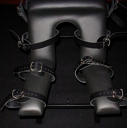 Fetters Leather Whipping Bench Mistress Victoria Hunter Los Angeles Dominatrix LA Dungeon slave strapped bondage