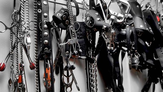 How Your Screened dominatrix Victoria Hunter tells prospective dungeon slaves bdsm session rules , a submissive is punished mummified in leather bondage and chastity device at Mistresses LA dungeon